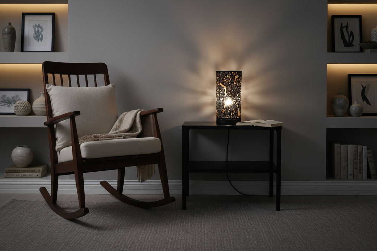 Lampada da tavolo artigianale in metallo intarsiata nera 16x16x32cm