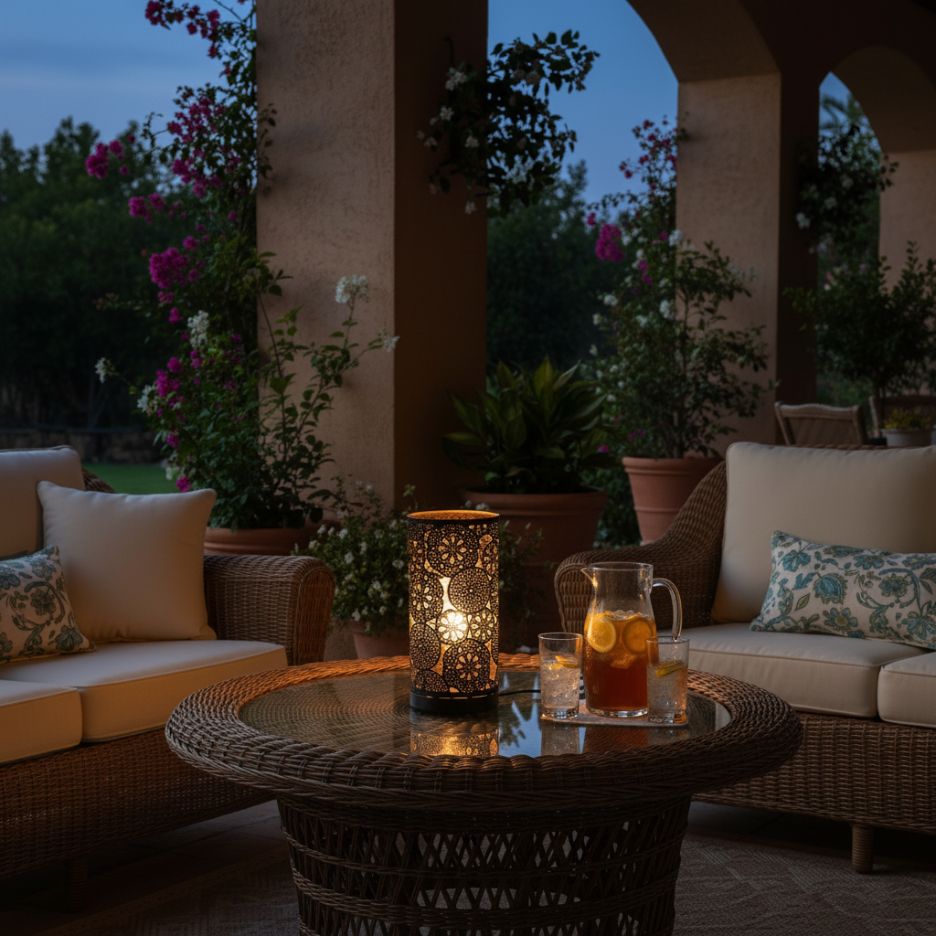 Lampada da tavolo artigianale in metallo intarsiata nera 16x16x32cm