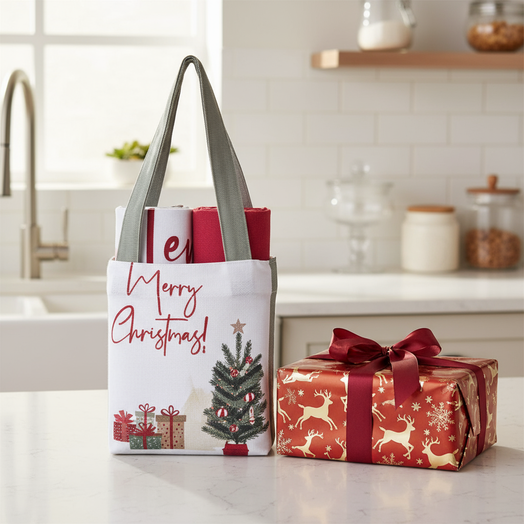 Borsetta con 2 strofinacci a tema natalizio