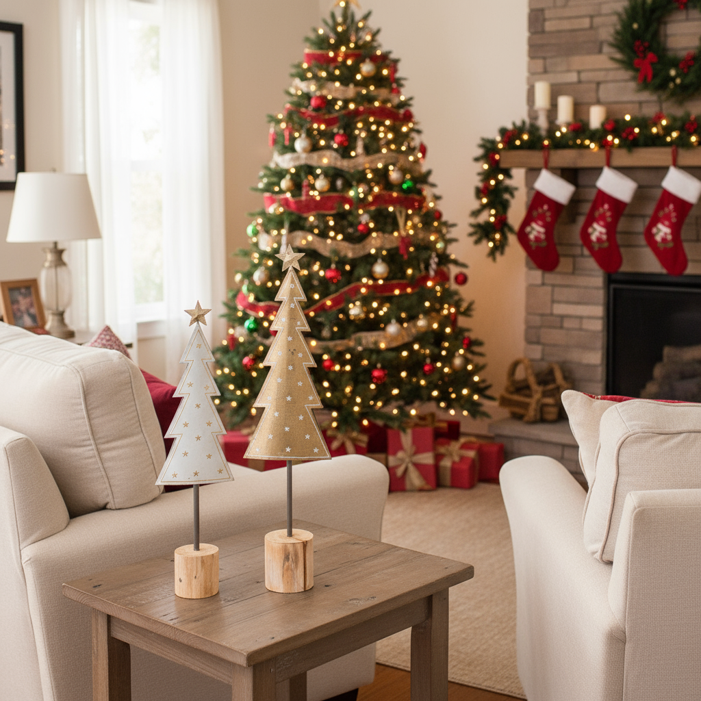 Coppia alberi in metallo con stelle e piedistallo in legno 39-51,5 CM