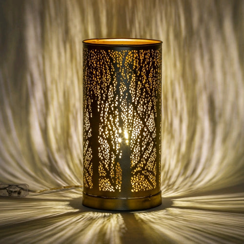 Lampada da tavolo artigianale in metallo intarsiata oro 16x16x32cm