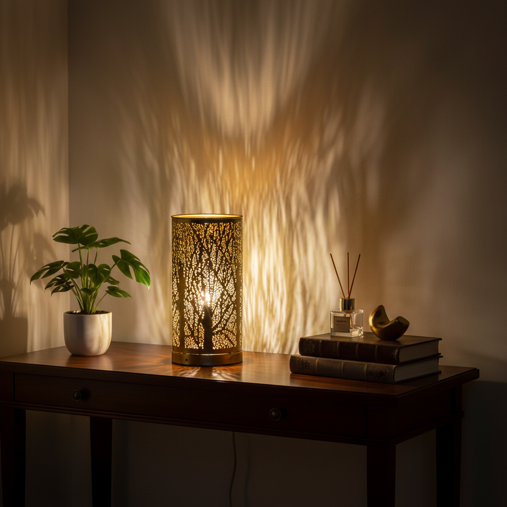 Lampada da tavolo artigianale in metallo intarsiata oro 16x16x32cm