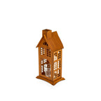 Lanterna in ferro corten con portacandela in vetro a forma di casa 16x13x45cm