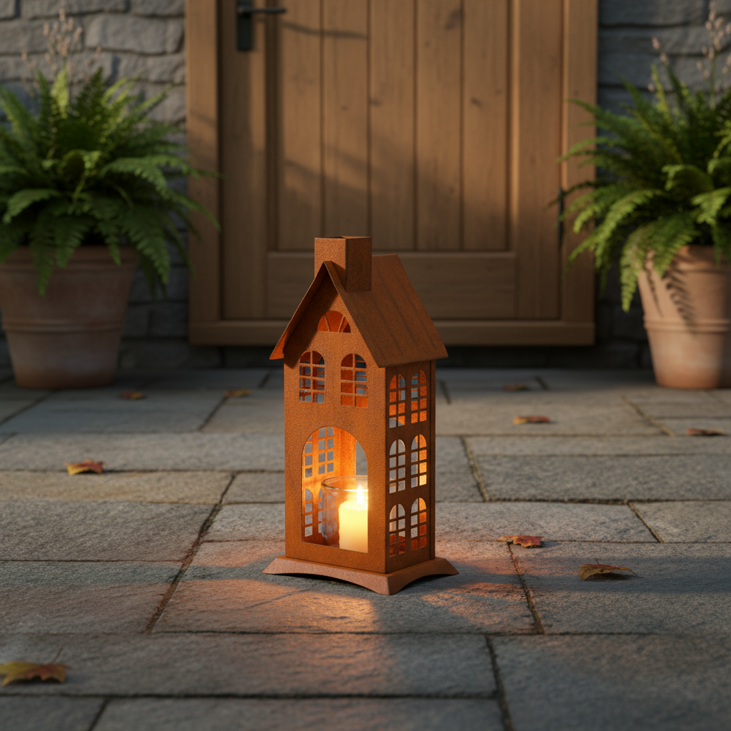 Lanterna in ferro corten con portacandela in vetro a forma di casa 16x13x45cm