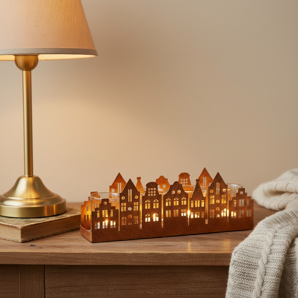 Portacandela case 4 posti in corten 40x9x13cm