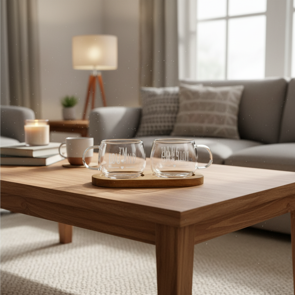 Set 2 tazzine “you and me” con vassoietto in legno 22x11x9,5cm