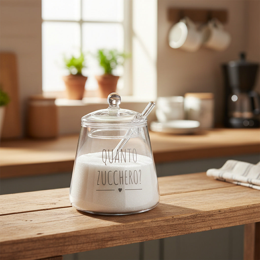 Zuccheriera in vetro borosilicato “quanto zucchero” con cucchiaino  9x11,5 CM