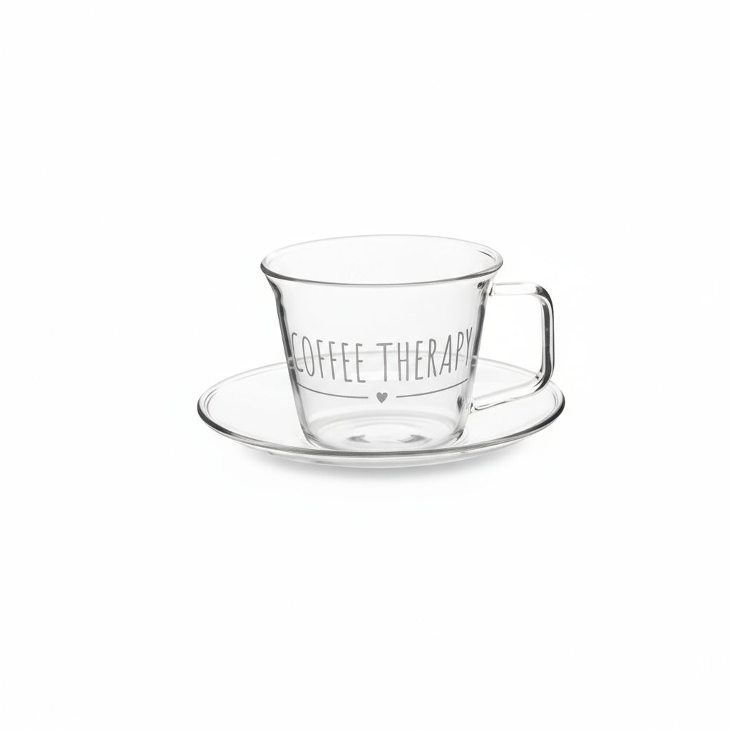 Tazzina caffè con piattino in vetro borosilicato "coffee therapy" 130ml