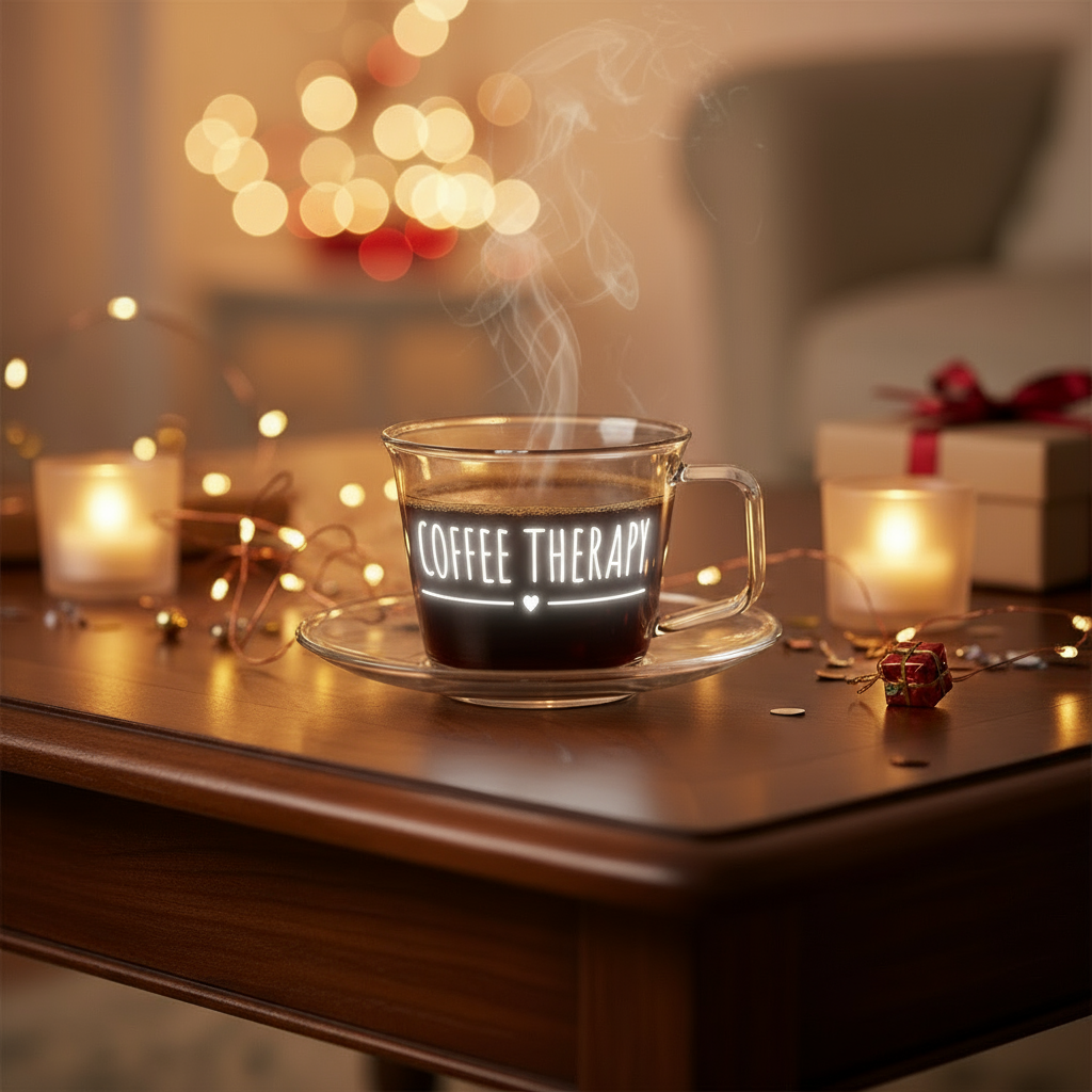 Tazzina caffè con piattino in vetro borosilicato "coffee therapy" 130ml