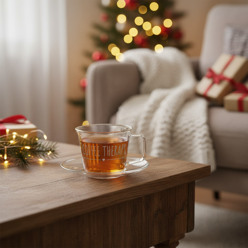 Tazzina caffè con piattino in vetro borosilicato "coffee therapy" 130ml