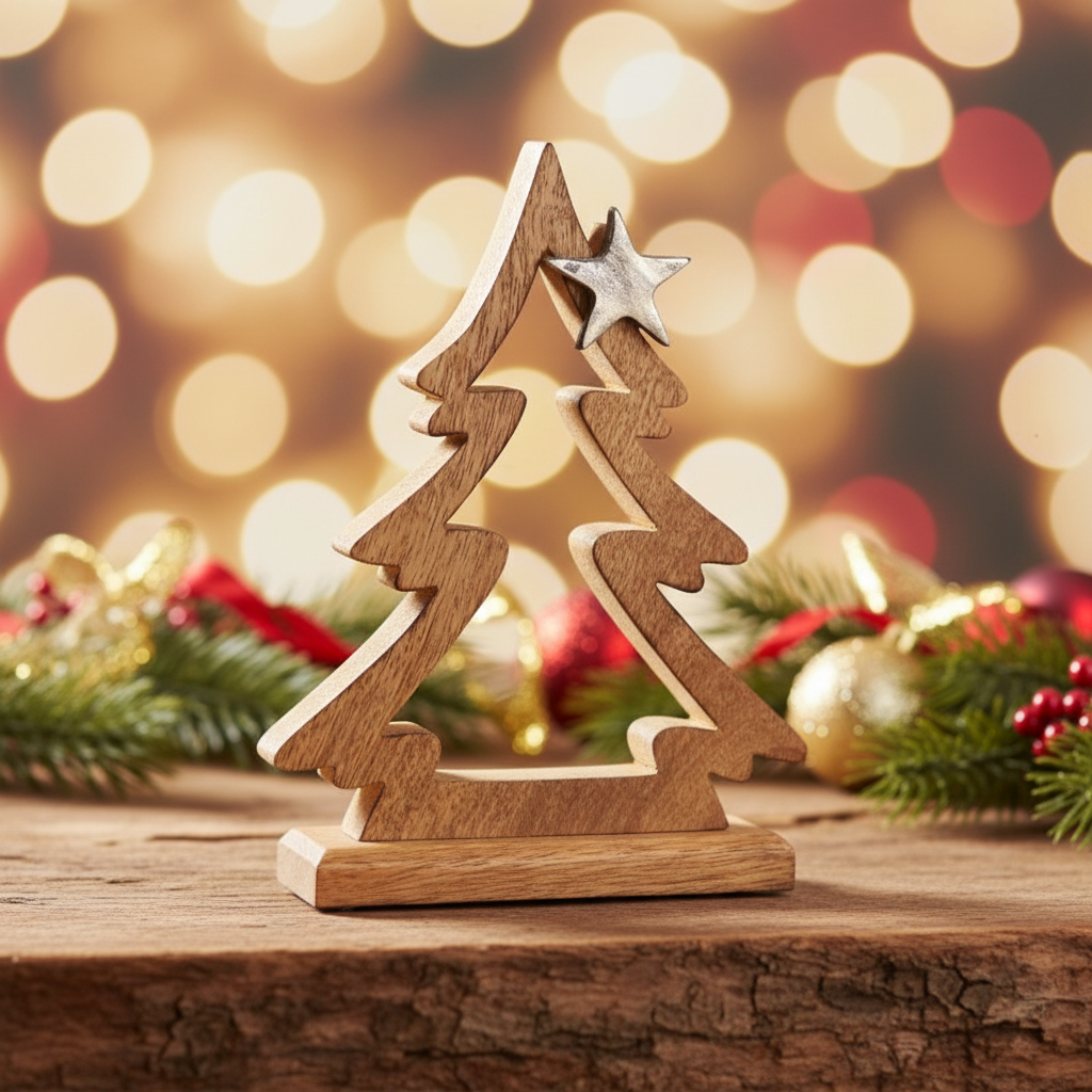 Albero di natale in legno con stella in metallo 17x23x5cm