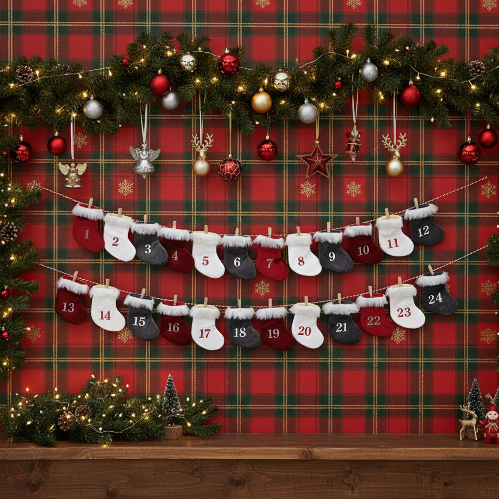 Calendario dell'avvento in tessuto con calzini colorati 9x13