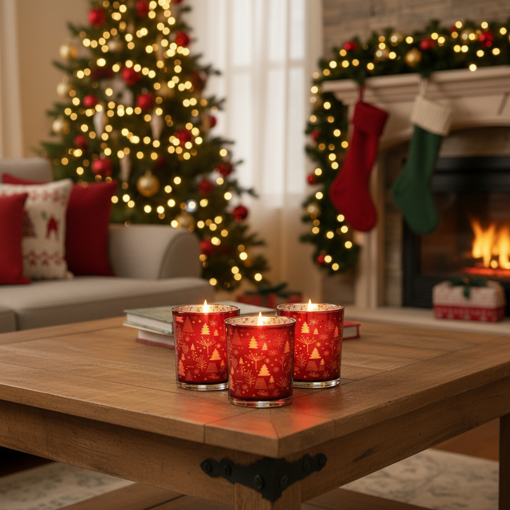 Bicchiere portacandela in vetro rosso a tema alberi 9x10x9cm