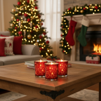 Bicchiere portacandela in vetro rosso a tema alberi 9x10x9cm