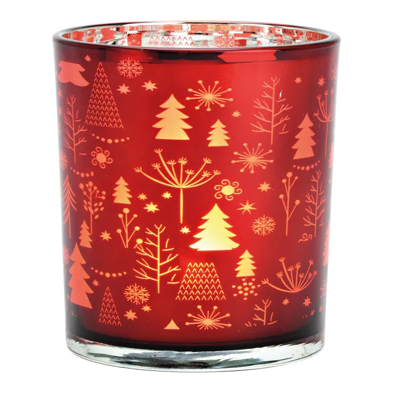 Bicchiere portacandela in vetro rosso a tema alberi 9x10x9cm