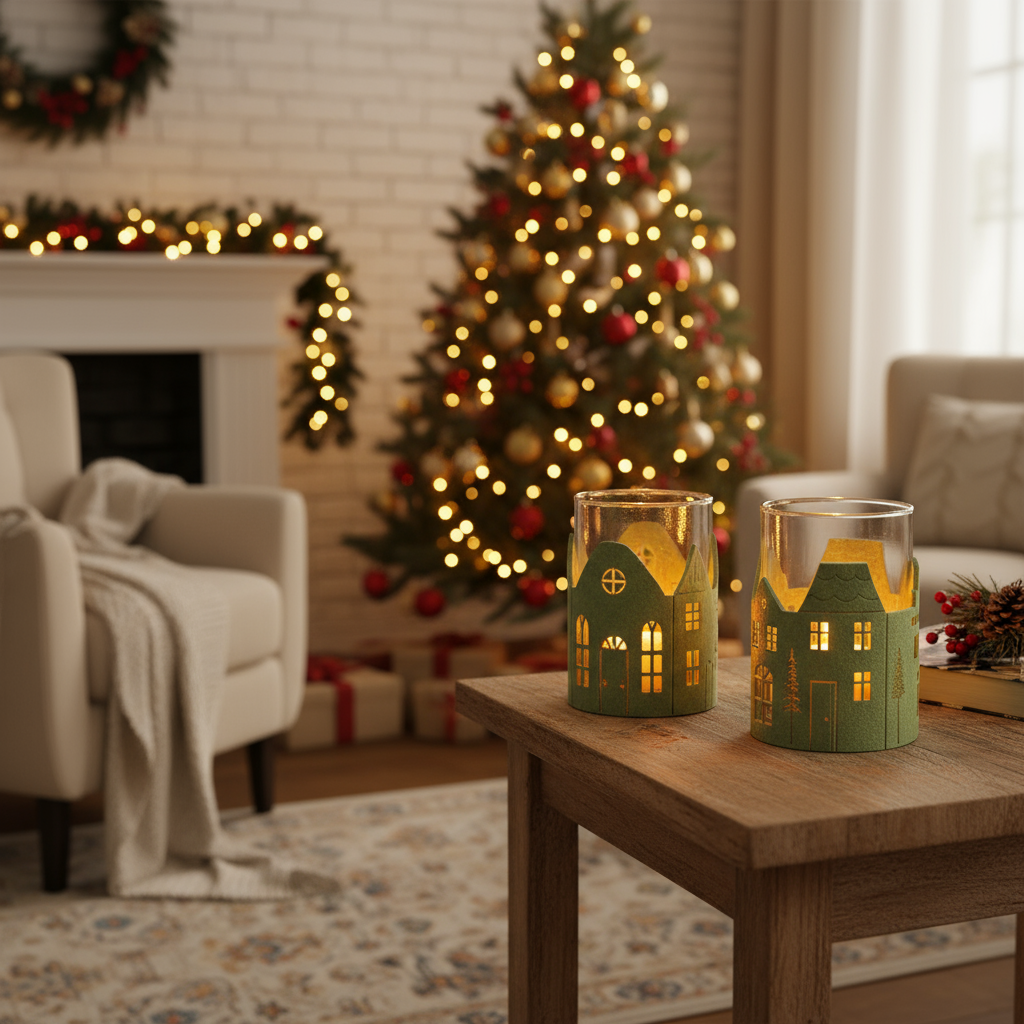 Bicchiere portacandela vetro e tessuto a tema case natalizio in 2 tonalità di verde 9x13x9cm