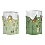 Bicchiere portacandela vetro e tessuto a tema case natalizio in 2 tonalità di verde 9x13x9cm