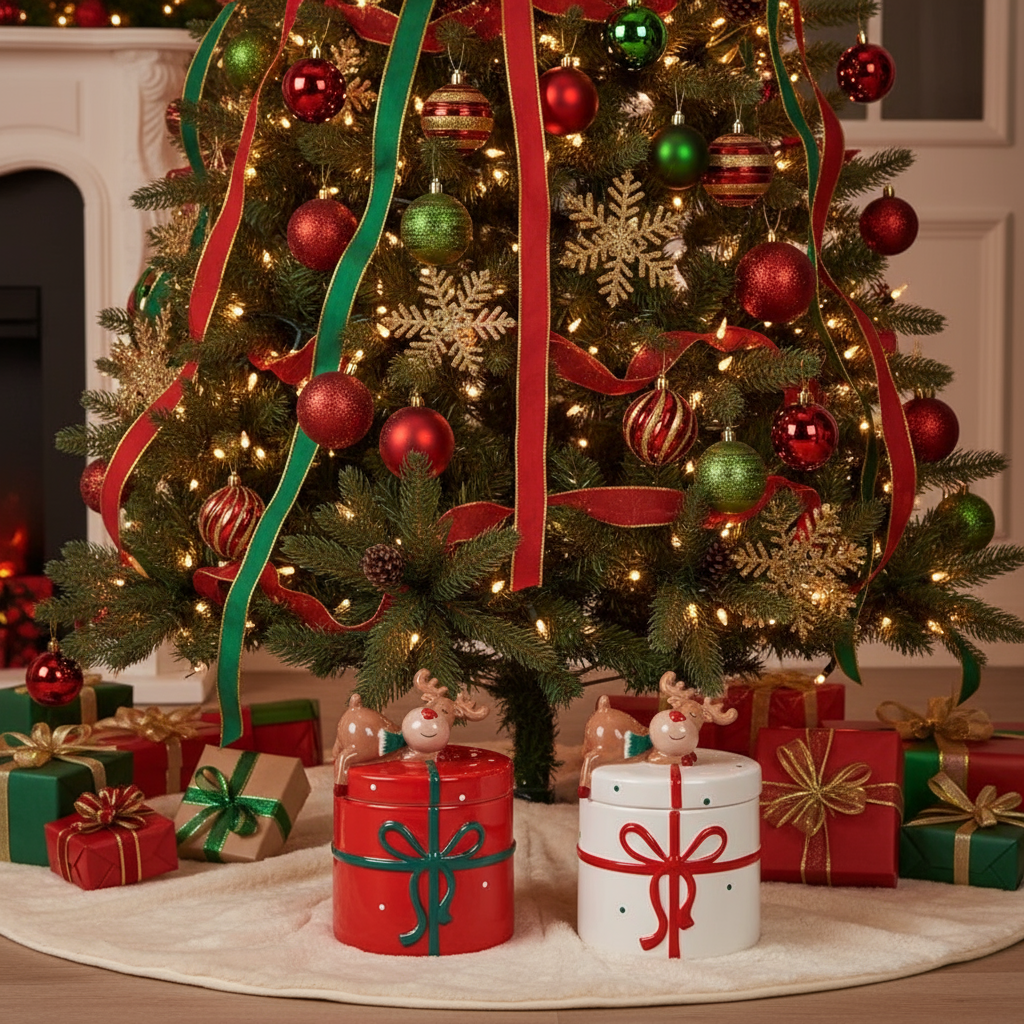 Barattolo in ceramica "pacco di natale con renna" 15x20x14cm in 2 colori