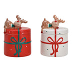 Barattolo in ceramica "pacco di natale con renna" 15x20x14cm in 2 colori