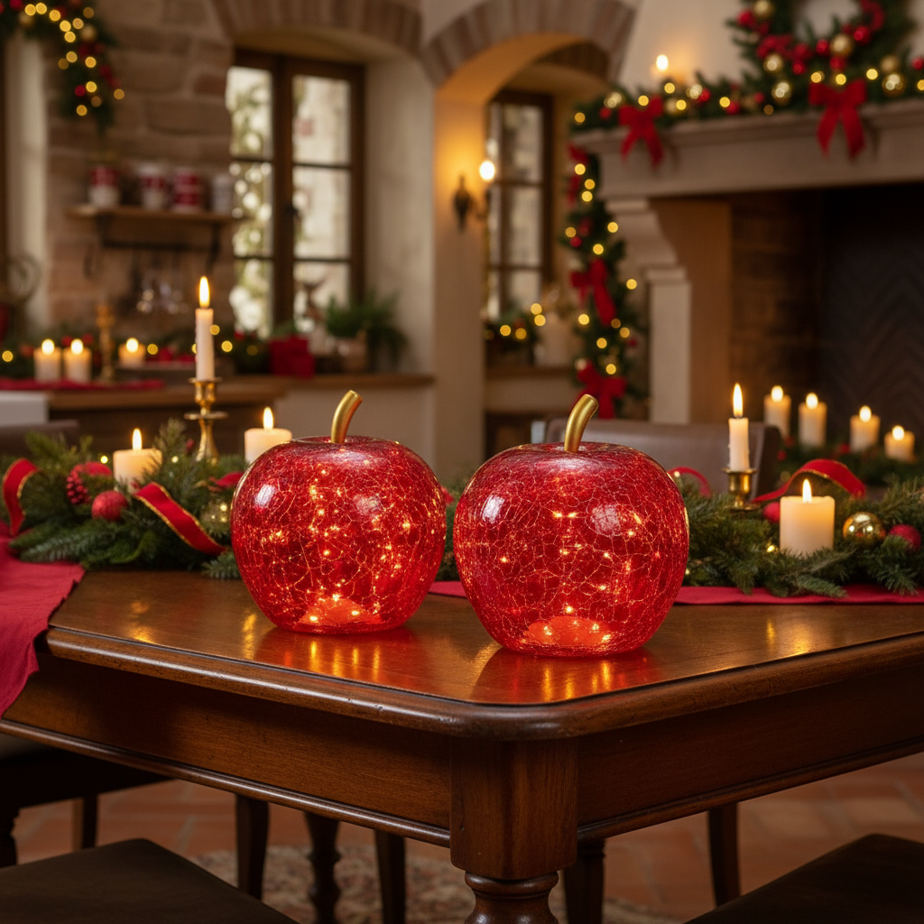 Mela 30 led con timer in vetro rossa 22x24x22cm