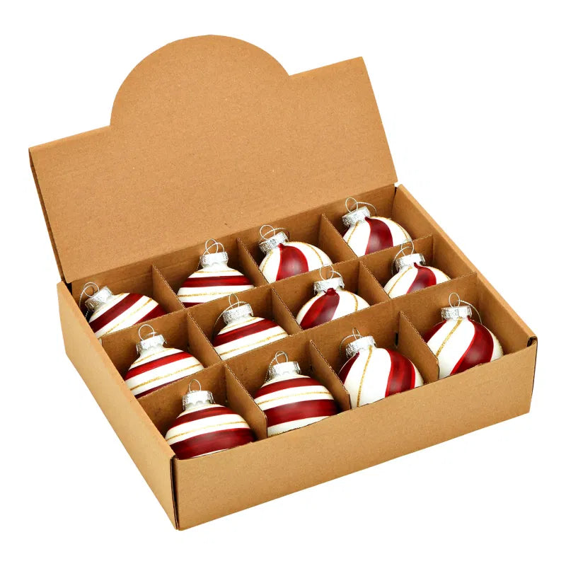 Addobbo 12 palline in vetro rosso/bianco 8cm
