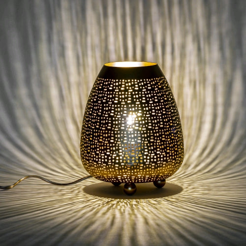 Lampada da Tavolo Artigianale in Metallo Intarsiata Oro 20x20x25cm INDIA WORLD