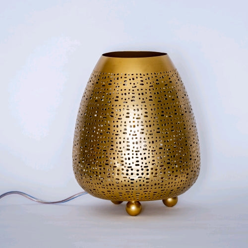 Lampada da Tavolo Artigianale in Metallo Intarsiata Oro 20x20x25cm INDIA WORLD