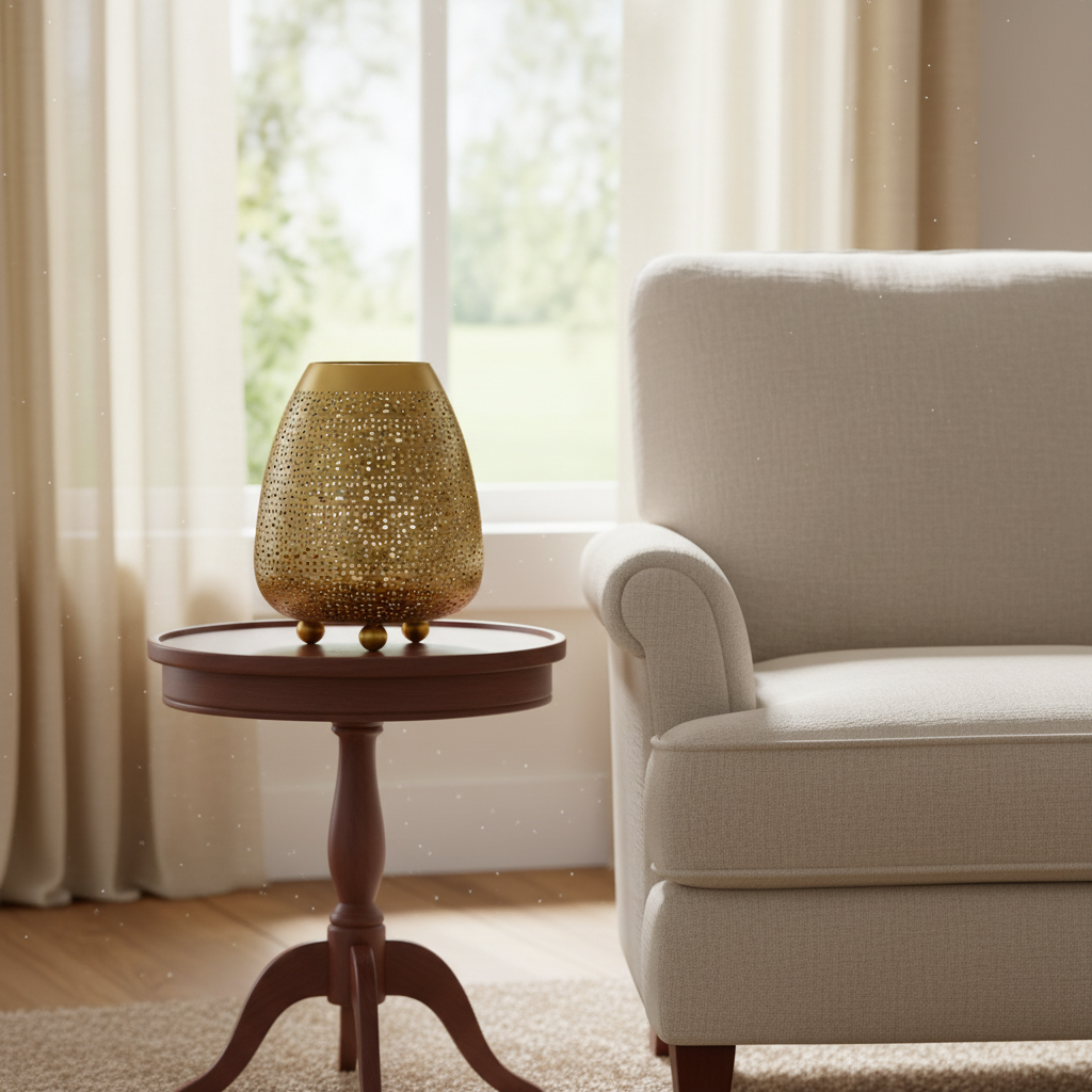 Lampada da Tavolo Artigianale in Metallo Intarsiata Oro 20x20x25cm