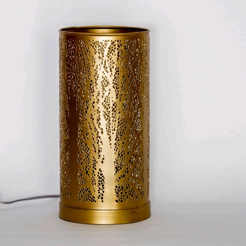 Lampada da tavolo artigianale in metallo intarsiata oro 16x16x32cm