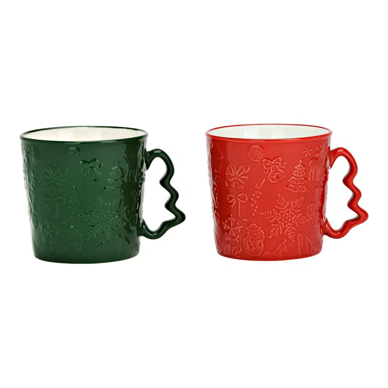 Set 2 tazze in ceramica rosso/verde con motivi natalizi a rilievo