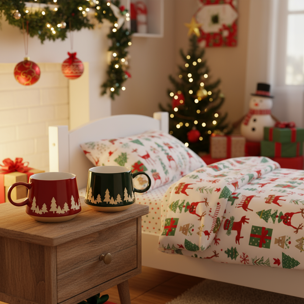 Set 2 tazze in ceramica rosso/verde a tema pini