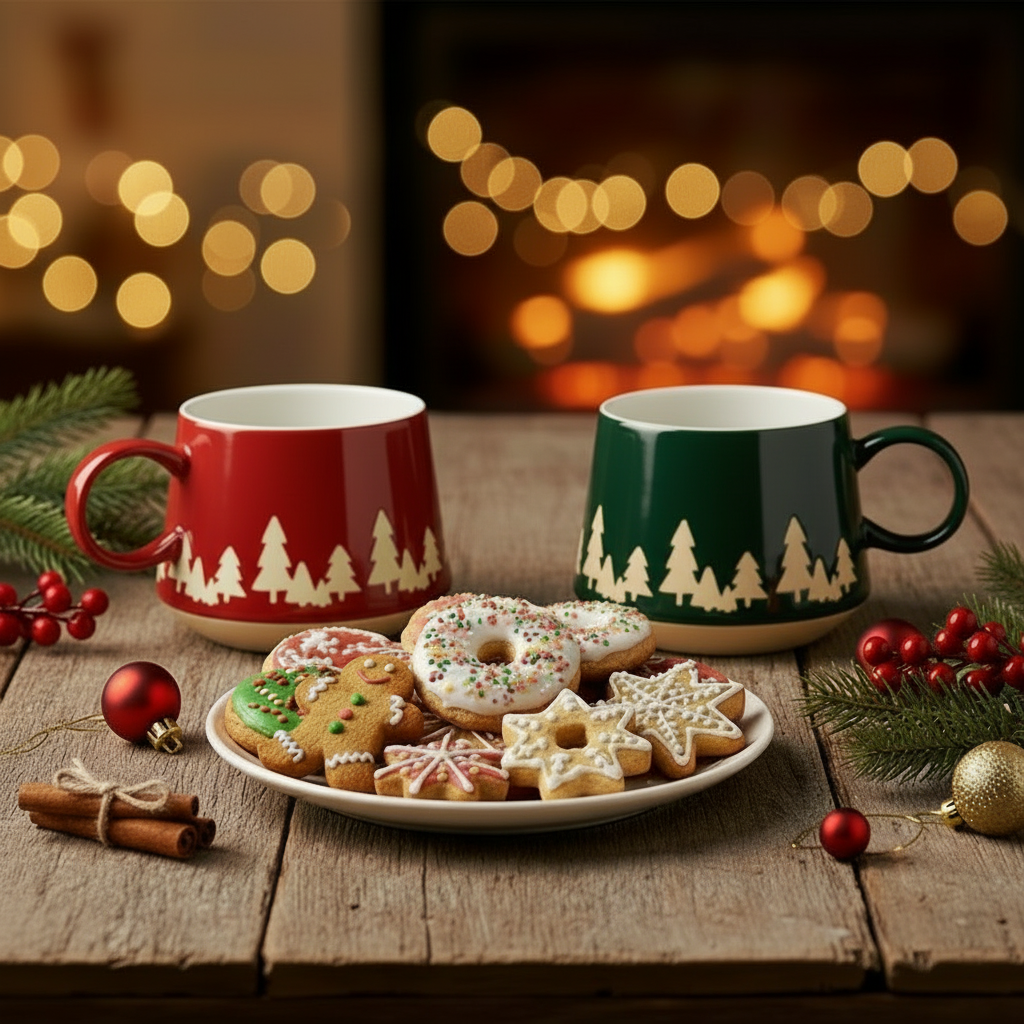 Set 2 tazze in ceramica rosso/verde a tema pini