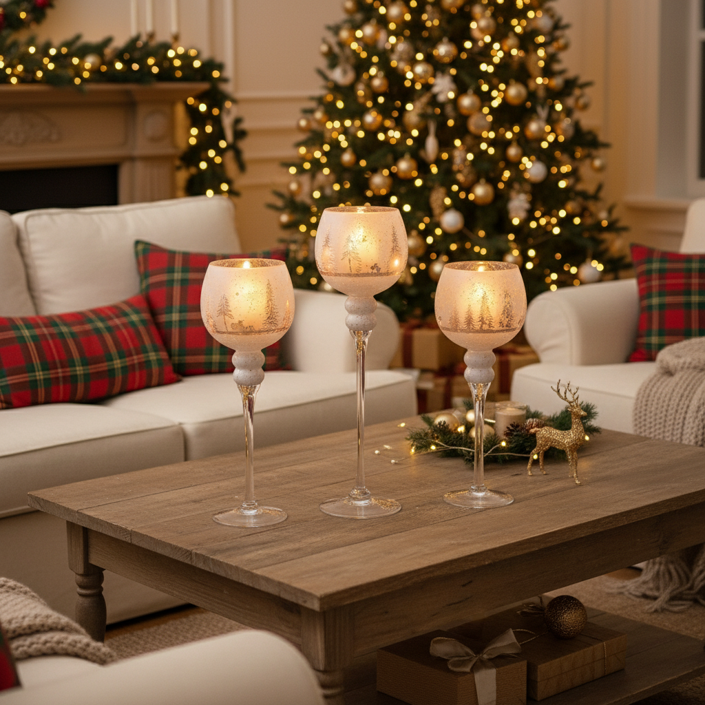 Set calici portacandela in vetro decorato winter forest 30,35,40 cm