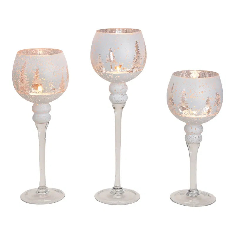 Set calici portacandela in vetro decorato winter forest 30,35,40 cm